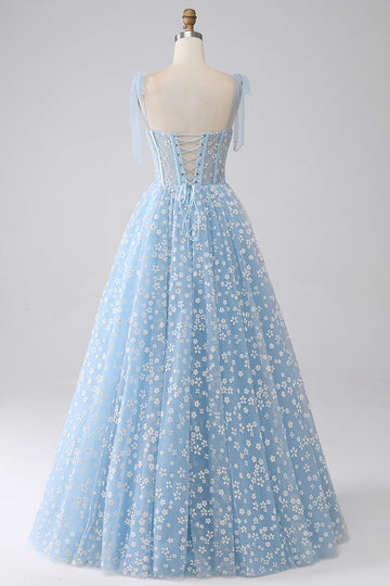 A-Line Spaghetti Straps Azzurro Corsetto Abito Da Ballo